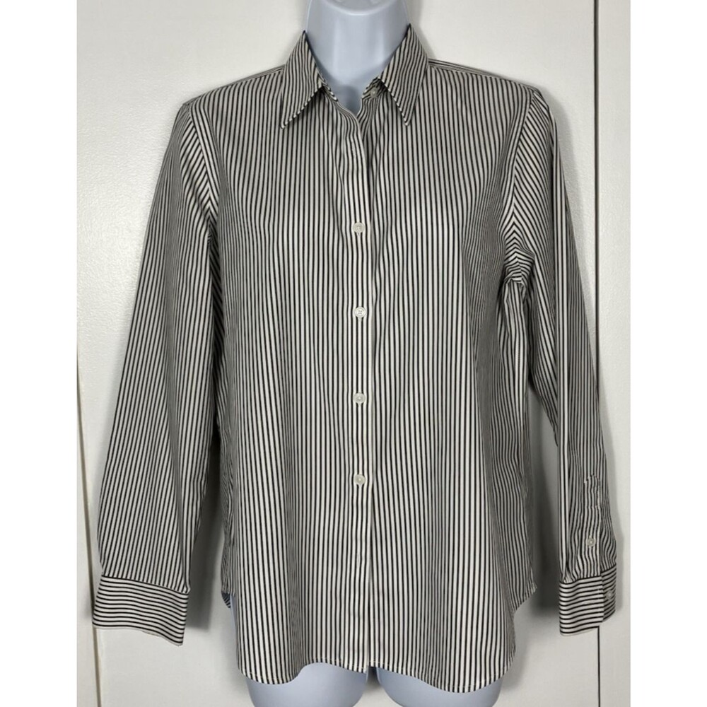 Jones New York Signature Blouse Petite Medium 100% Cotton Striped Button Up Top